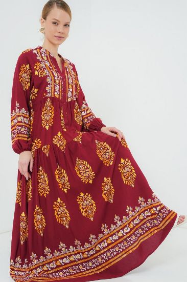 2423 Otantik Desenli Tesettür Elbise - E. Bordo resmi
